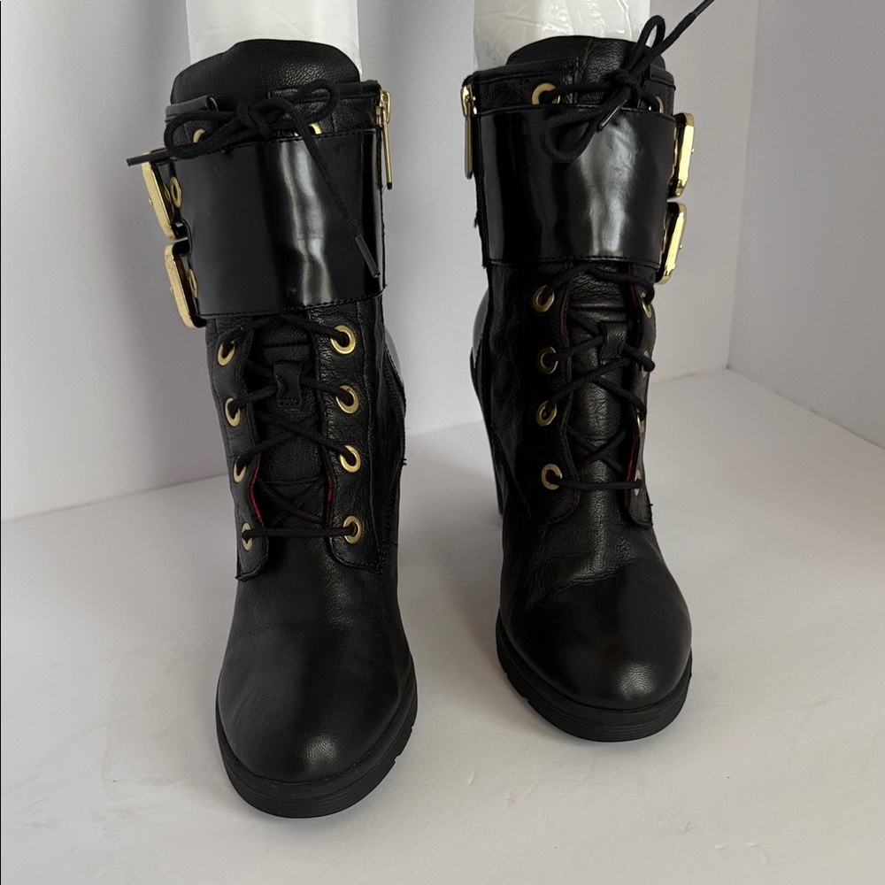 Guess Black Lace-Up Combat Boots with Gold Hardware
